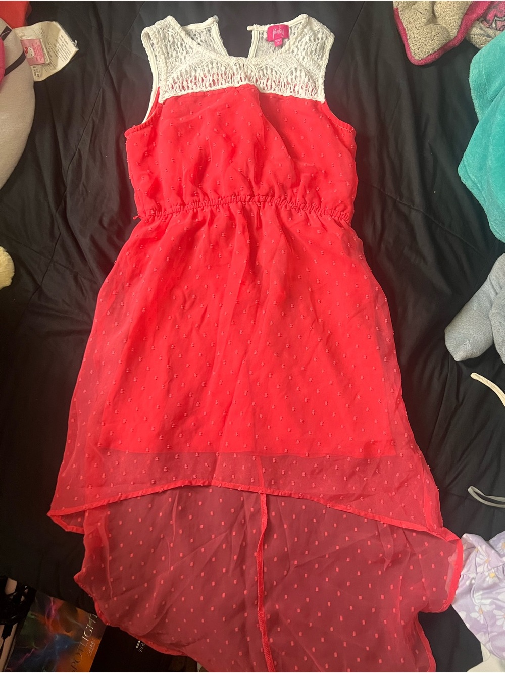 Pinky Red Coral High-Low Dress with White Crochet Yoke